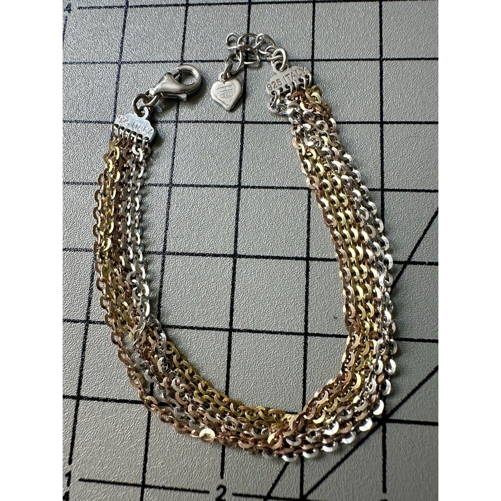 925 Italy Sterling Silver Tricolor Layered Chain Bracelet 7”+1”